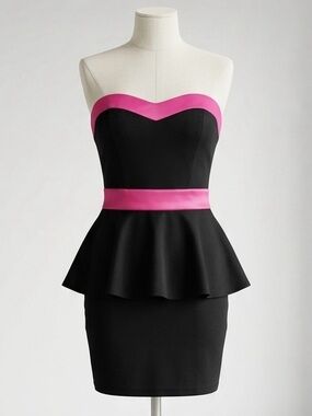 Material Girl| Fun Strapless Peplum Black/Pink Party Mini Dress Sz M